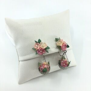 Vintage Flower Basket Dangle Earrings Screw Back 50’s 60’s Pink Unique